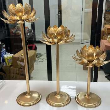 Set of 3 Metal Lotus Tealight/T-Light Candle Holders with Stands for Home and Office Decorations, Festive and Diwali